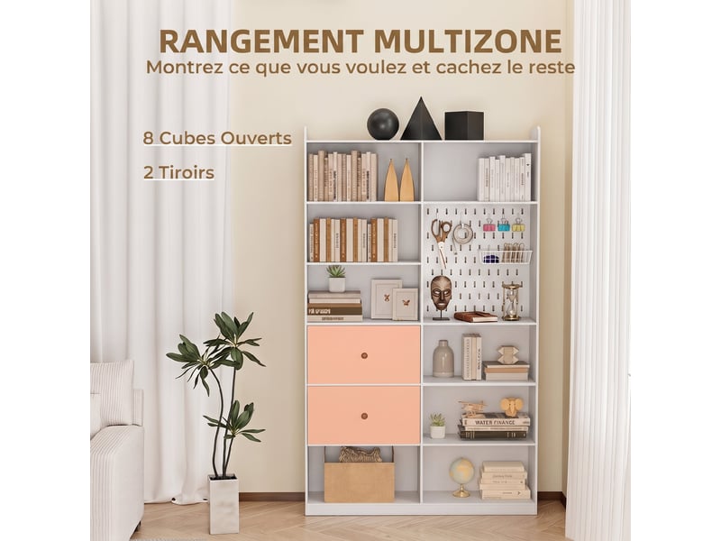  Bibliothèque, étagère 6 niveaux, 120 x 30 x 200 cm, meuble de rangement avec 2 tiroirs et panneau perforé, blanc  - Conforama E