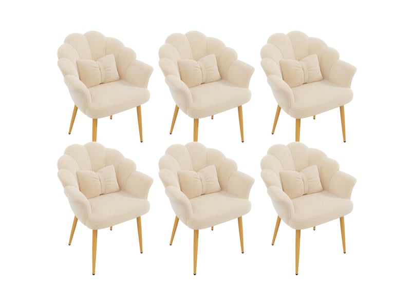Lot de 6 fauteuils de salle à manger en tissu teddy beige, pieds en métal doré - Conforama A