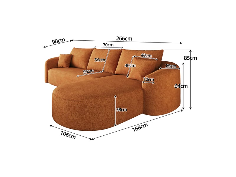  Canapé d'angle gauche 3 places sans montage à mousse haute élasticité en tissu chenille orange, 266 × 168 × 85 cm  - Conforama C