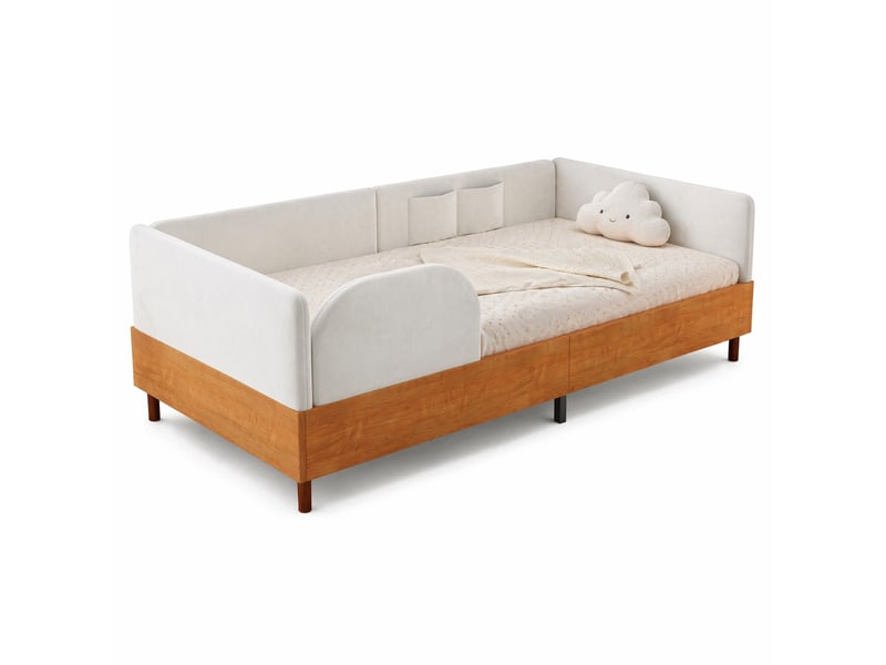  Lit enfant rembourré en velours blanc et bois naturel avec 2 poches de rangement 90 x 200 cm  - Conforama A