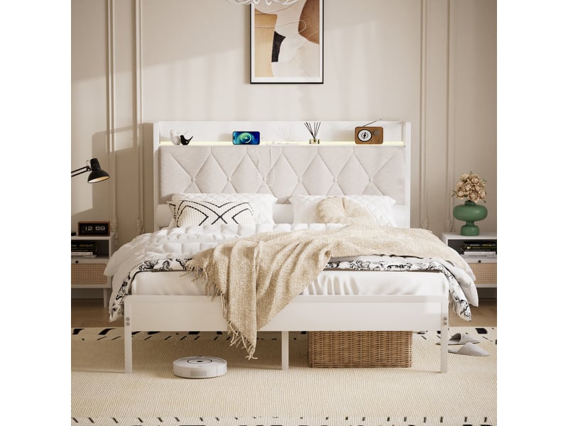  Lit double 140x190 cm, lit rembourré, rangement, port usb, prise intégrée, lin blanc, tête de lit rembourrée  - Conforama C