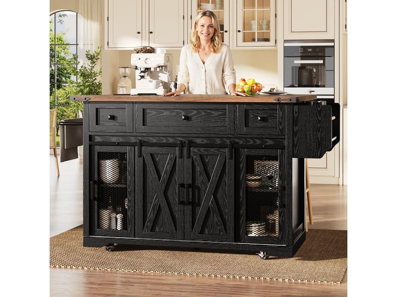  Îlot de cuisine sur roulettes noir avec plan de travail extensible, prises électriques intégrées, hauteur 91 cm  - Conforama R