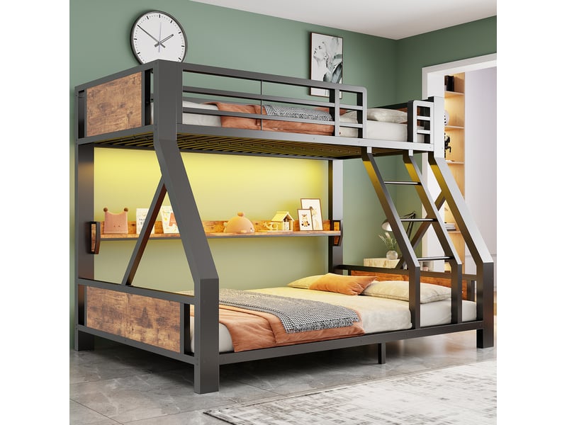  Lit superposé 90x200 cm haut +140x200 cm bas, rangement, led, métal et bois, noir, sans matelas  - Conforama D