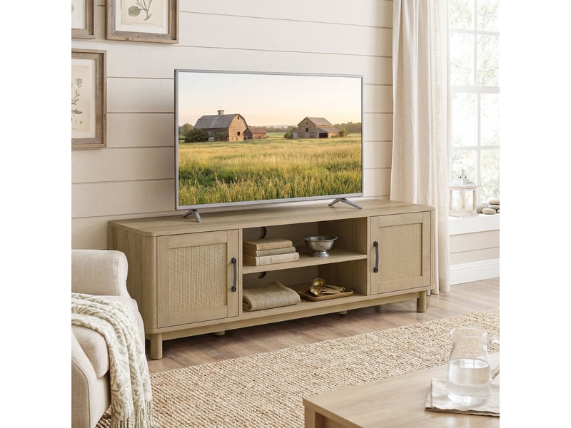  Meuble tv 135 cm, meuble télé pour téléviseur jusqu'à 65 pouces avec 2 portes en rotin, chêne, 2 compartiments ouverts  - Conforama D