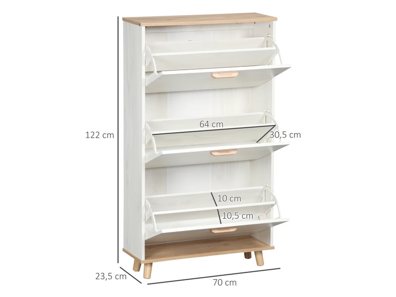 Étagère à chaussures moderne avec 3 tiroirs abattants pour 12 paires de chaussures, idéale pour une entrée (70 x 23,5 x 122 cm, blanche). - Conforama D