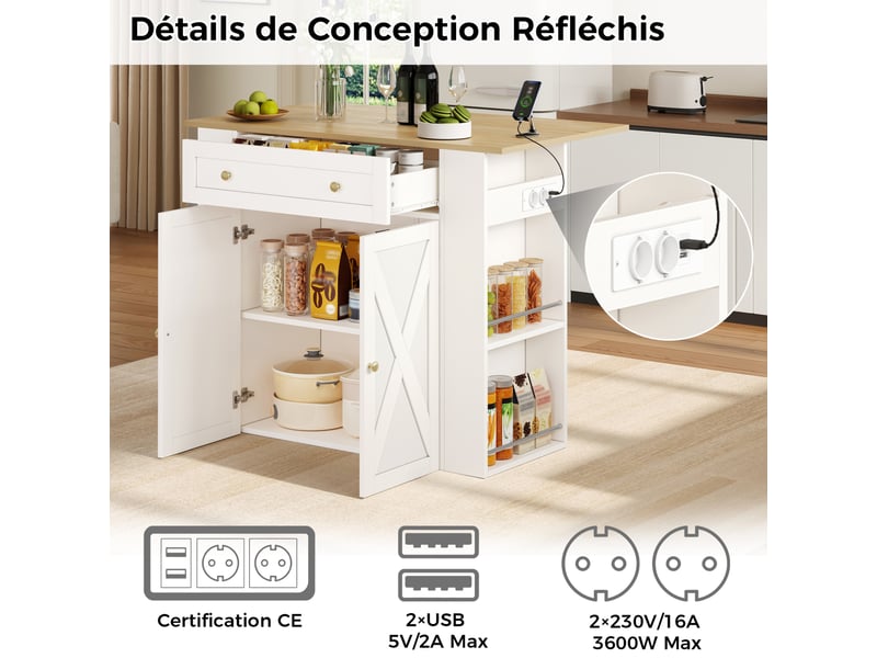  Îlot de cuisine rangement 120x75x97 cm, plateau rabattable, 2 portes, tiroir, prises usb, mdf et panneau de particules, blanc  - Conforama E