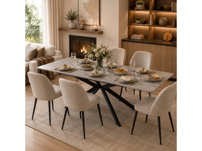  Table à manger extensible 150–180 x 70 x 75,5 cm - pieds croisés - plateau effet béton - noir et gris  - Conforama A