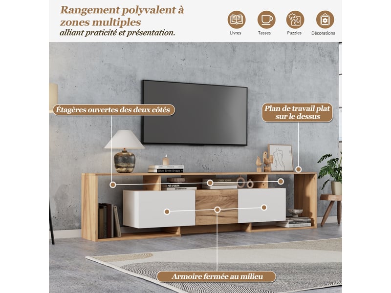  Meuble tv 180 cm bois et blanc avec 3 portes, meuble tv pour 85 pouces, profondeur 30 cm  - Conforama D