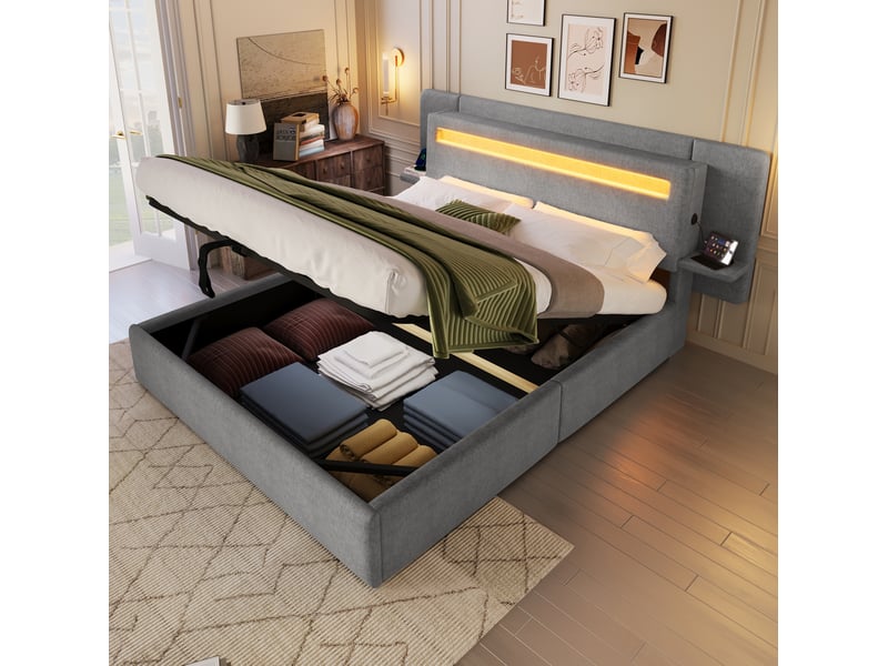  Lit coffre 2 places 140x200 cm avec rangement hydraulique, éclairage à LED multicolore, en MDF, coloris gris, sans matelas  - Conforama E