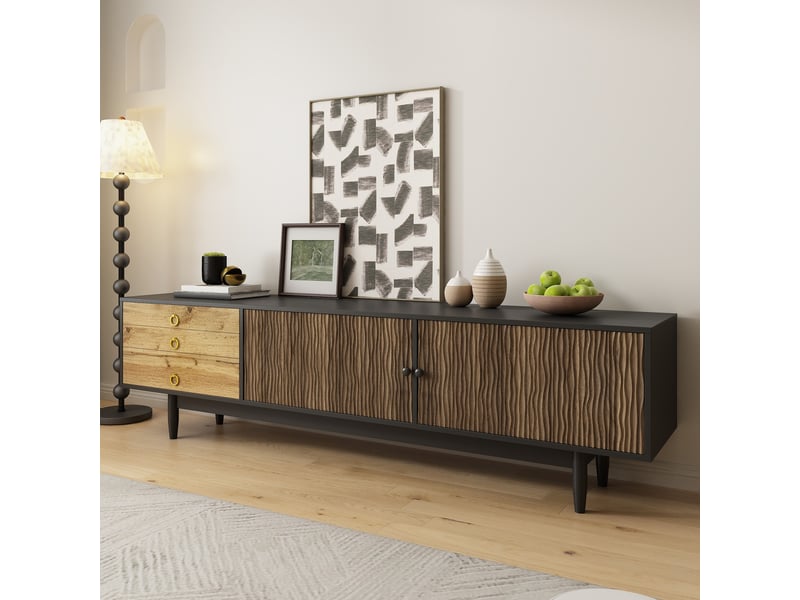  Meuble tv bas – portes effet ondulé et 3 tiroirs – finition bois et noir  - Conforama C