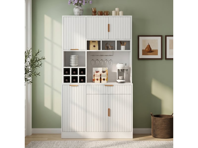  Vaisselier blanc buffet haut salle à manger avec prises électriques et range bouteilles, armoire de cuisine 100x40x175 cm  - Conforama R