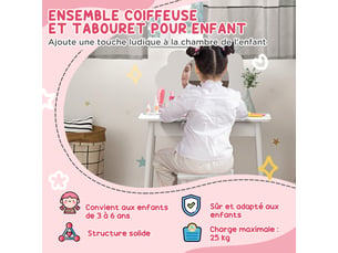 Ensemble coiffeuse pour enfant avec tabouret, miroir forme de nuage, coiffeuse 2 pièces pour enfants de 3 à 6 ans, blanc