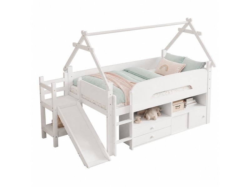  Lit mezzanine enfant 90x200 cm avec toboggan, bois et mdf blanc et gris sans matelas  - Conforama E