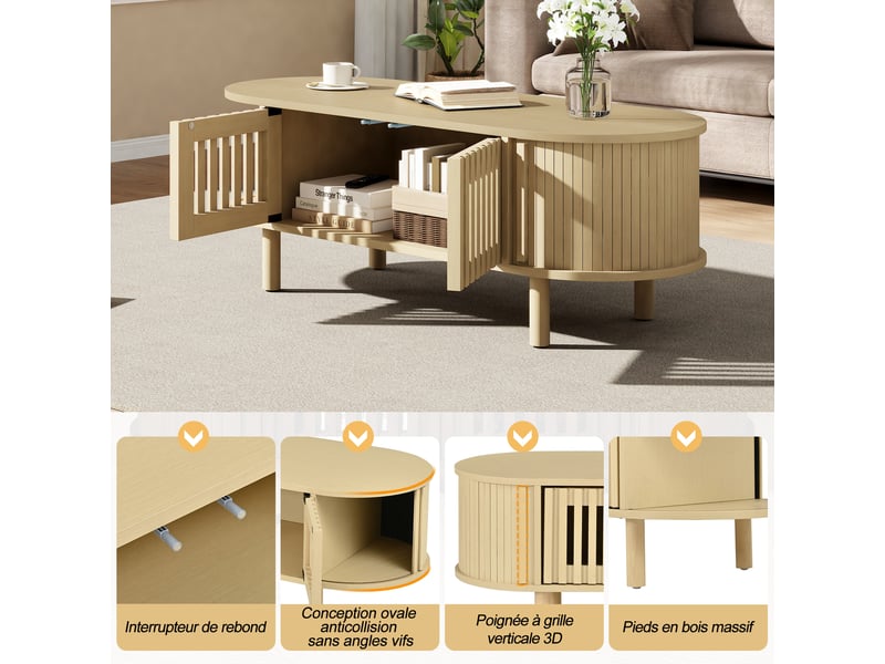 Table basse ovale 100x40x38 cm bois clair, portes à lamelles, porte coulissante et pieds en bois massif Fay Lum - Conforama E