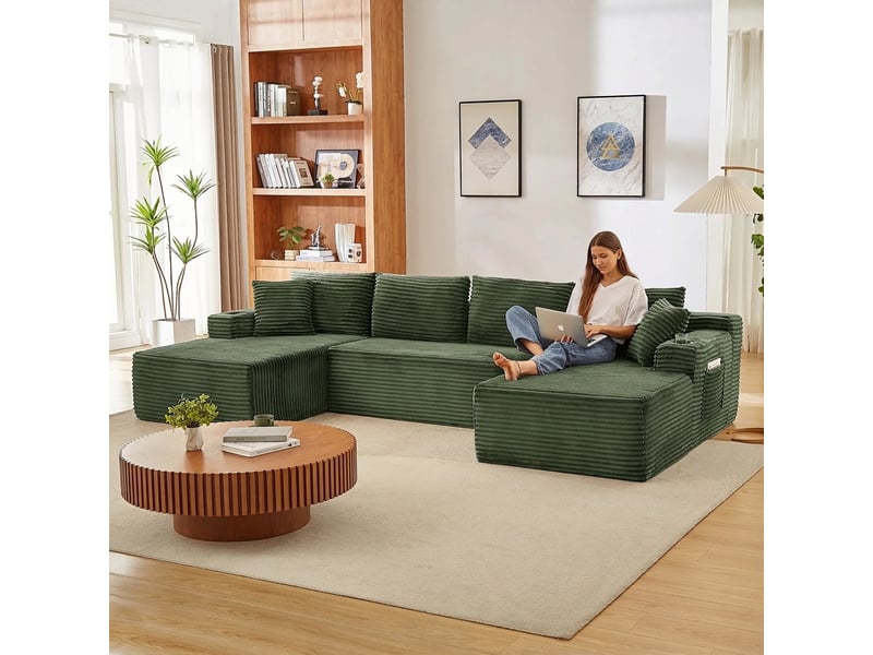 Canapé modulable en u 6 places sans armature en velours côtelé vert - Conforama C
