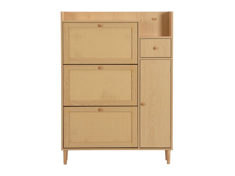  Meuble à chaussures en bois de rotin avec 3 portes basculantes et 1 tiroir pieds et poignées en bois massif meuble à chaussures naturel - Conforama E
