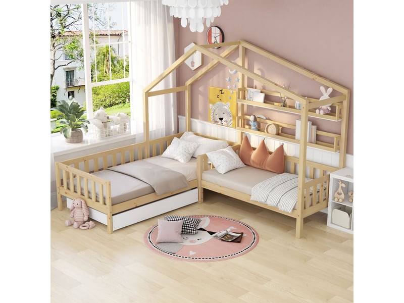 Lit cabane 2 couchages 90 × 200 cm et 140 × 70 cm avec tiroir, étagères et barrière, sans matelas, naturel - Conforama C