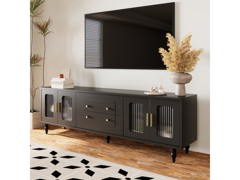 Meuble tv noir 175 cm style rétro avec portes en verre trempé et pieds en métal - Conforama D