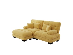 Canapé modulable 2 places en tissu chenille jaune avec pouf