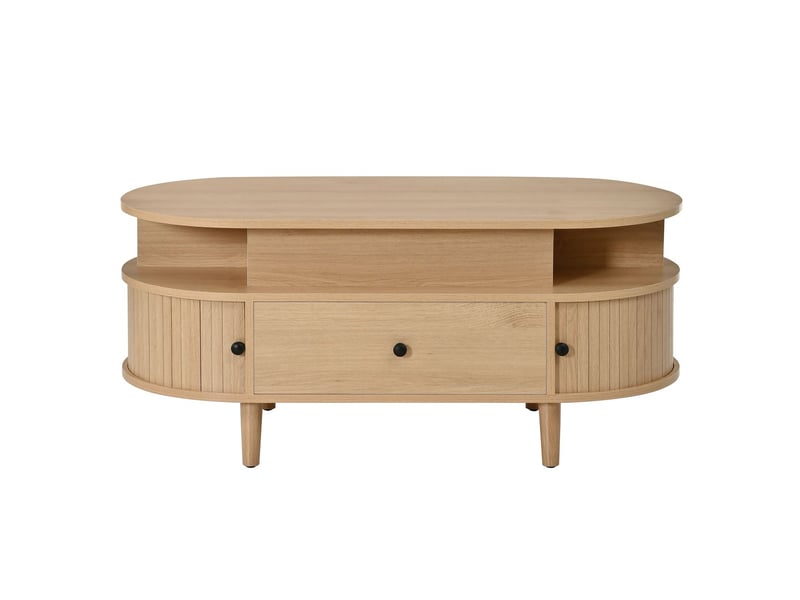  Table basse relevable rangement caché table basse avec rangement forme ovale panneau en mdf plateau relevable à mécanisme hydraulique central deux compartiments ouverts grand tiroir deux portes coulissantes poignées rondes pieds…  - Conforama A