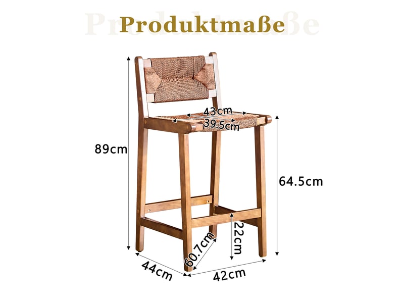  Lot de 2 tabourets de bar en bois massif avec dossier tressé, pour îlot de cuisine, couleur noyer  - Conforama D