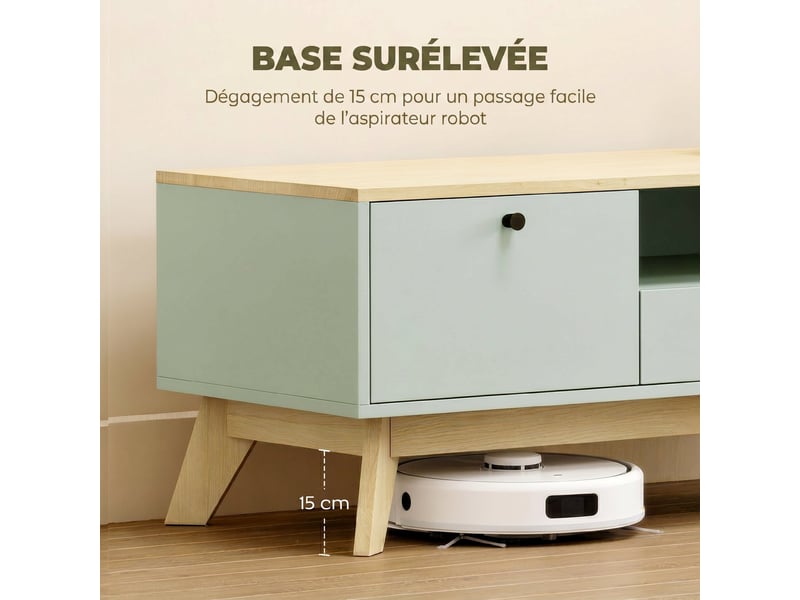  Table basse de salon, table d'appoint rectangulaire avec tiroir, vert clair et chêne, porte et compartiment ouvert  - Conforama R
