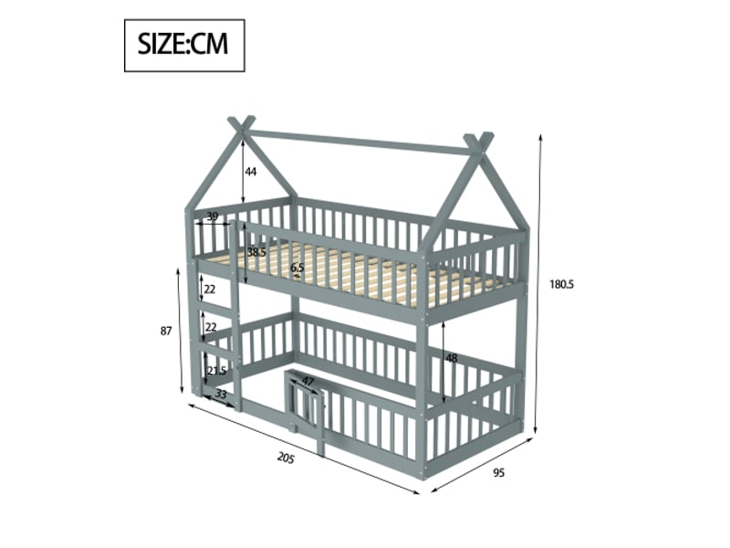  Lit superposé enfant 90x200, lit mezzanine avec escalier, cadre de lit superposé en bois, sans matelas, gris  - Conforama D