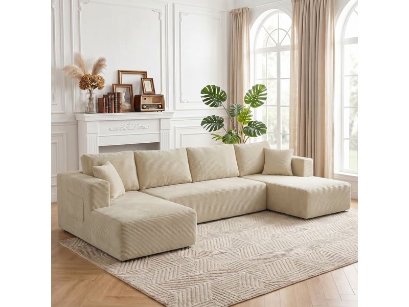Canapé modulaire en u compressé 337 cm, canapé convertible 4 places en velours côtelé, crème, assise large - Conforama A