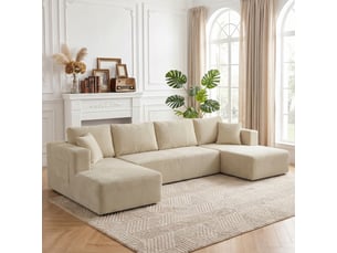 Canapé modulaire en u compressé 337 cm, canapé convertible 4 places en velours côtelé, crème, assise large