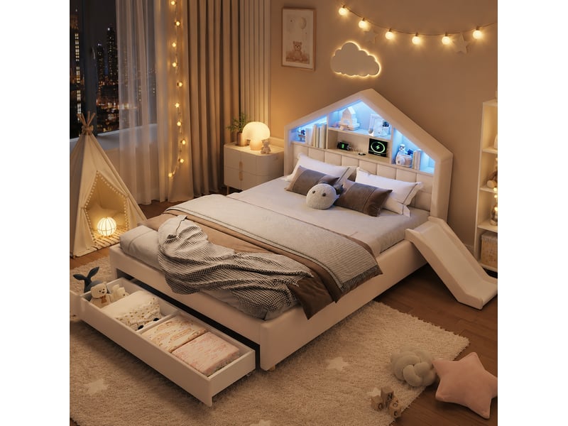  Lit enfant cabane 140x200 avec toboggan et rangement homvra  - Conforama B