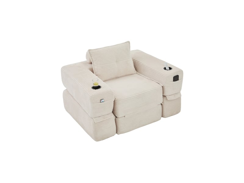  Canapé convertible modulable 1 place en velours côtelé beige, poches latérales et porte-gobelets  - Conforama A
