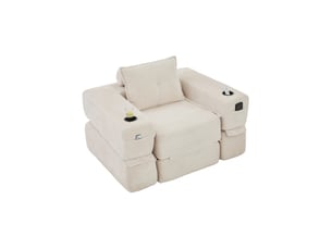 Canapé convertible modulable 1 place en velours côtelé beige, poches latérales et porte-gobelets