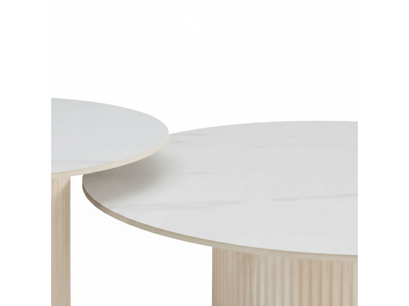  Duo tables gigognes rondes céramique marbre blanc &amp; pied travertin ø80 cm – baieta  - Conforama D