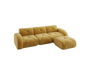 Canapé modulable 3 places jaune en tissu avec pouf, sans montage, format bas pour votre salon au quotidien