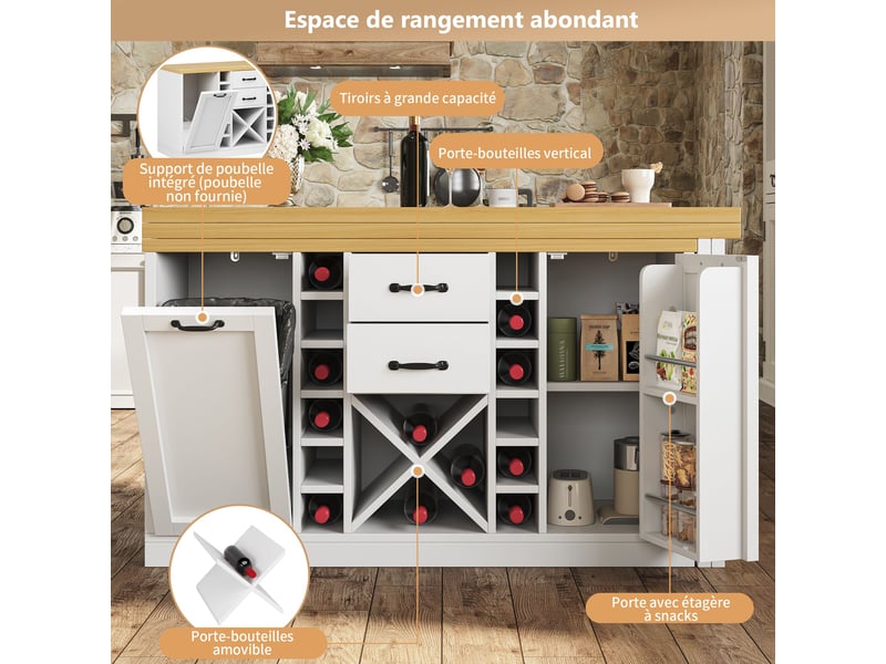 Îlot central de cuisine blanc 120x40x74cm pivotant rangement tiroirs portes casier à vin mdf et métal cuisine rangement pratique - Conforama C