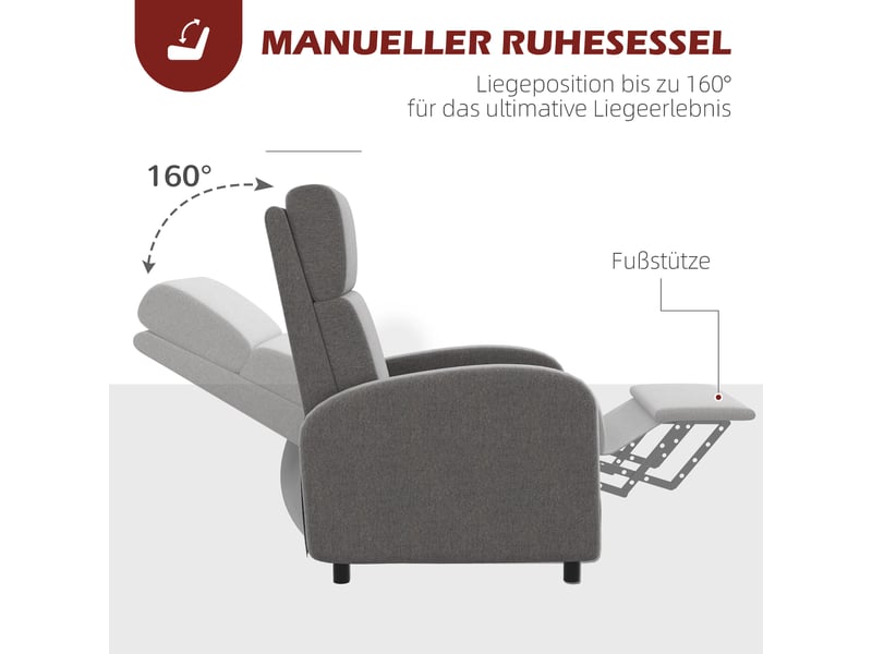  Fauteuil tv inclinable gris avec repose-pieds, fauteuil relax en tissu aspect lin 160°, pour salon et bureau, charge 120 kg  - Conforama B