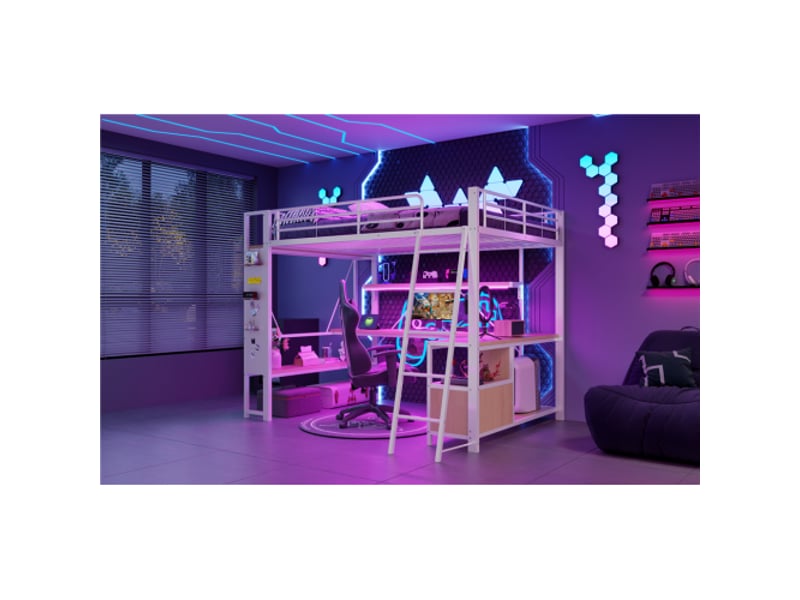  Lit mezzanine 140x200 cm métal blanc led – bureau intégré, rangements, étagères, panneau perforé usb, sans matelas  - Conforama E