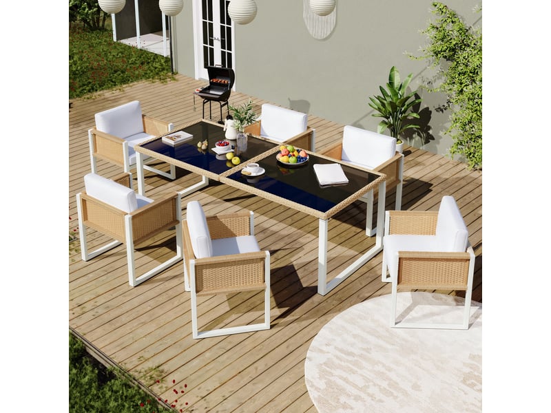 Salon de jardin 6 places en résine tressée beige - fauteuils et coussins lavables - Conforama B