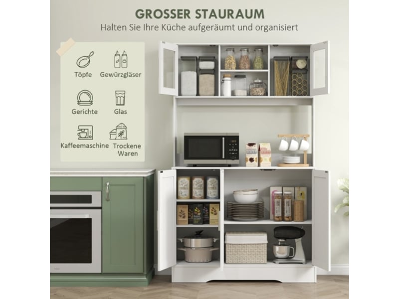 Meuble cuisine blanc scandinave, 4 compartiments, étagères réglables et portes vitrées, rangement moderne - Conforama D