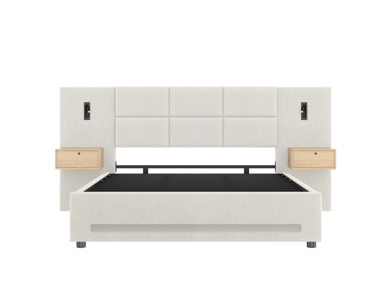 Lit coffre 160 × 200 cm en velours beige avec tiroirs, usb-c et led Fay Lum - Conforama R