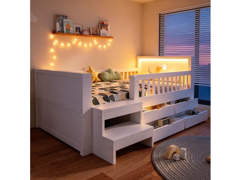  Lit multifonction enfant, 90x200 cm, avec tiroirs, barrière de sécurité, led, matelas non inclus, bois, coloris blanc  - Conforama D