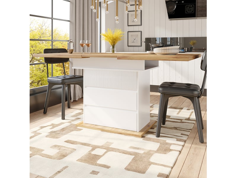 Table extensible, 110-140x80x75 cm, à double rallonge avec espace de rangement, pratique, mdf, coloris naturel et blanc - Conforama B