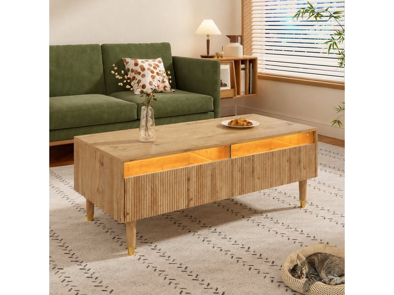  Table basse led moderne rectangulaire en mdf, 2 tiroirs, façade ondulée, pieds bois massif, bois et doré, 110 x 50 x 40  - Conforama D