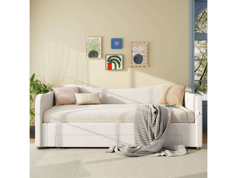  Lit banquette extensible 90 x 200 à 180 x 200 cm en velours beige avec 2 tiroirs, ports usb type-c, canapé-lit de jour rangement salon  - Conforama C