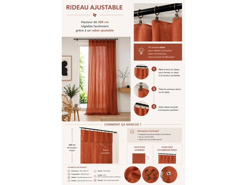  Rideau ajustable double gaze de coton 140 x 300 cm avec 8 anneaux pince gaïa terracotta hauteur modulable  - Conforama B