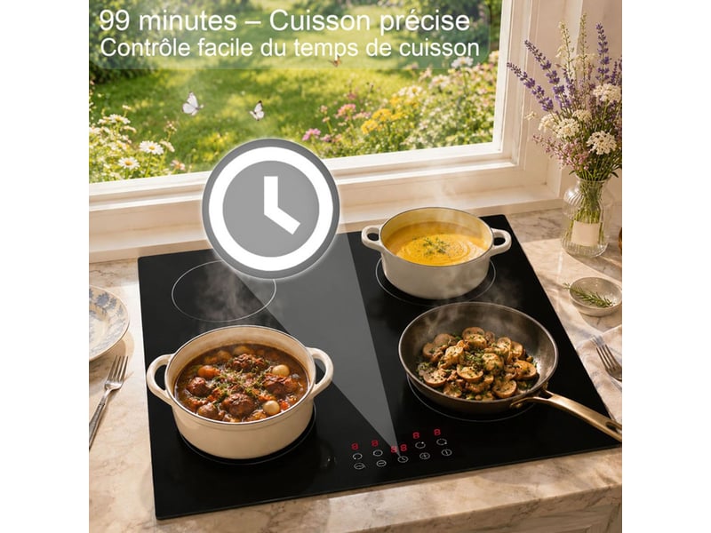  Table de cuisson vitrocéramique encastrable 4 zones 6000w 9 niveaux minuterie 99 min verrouillage sécurité  - Conforama D