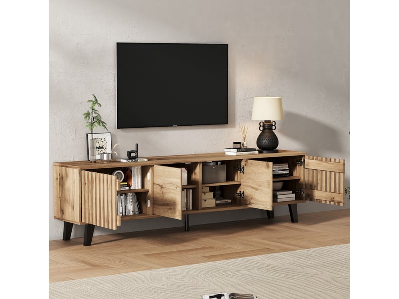  Meuble tv rangement 180 cm bois naturel portes niches salon chambre multi homvra  - Conforama D