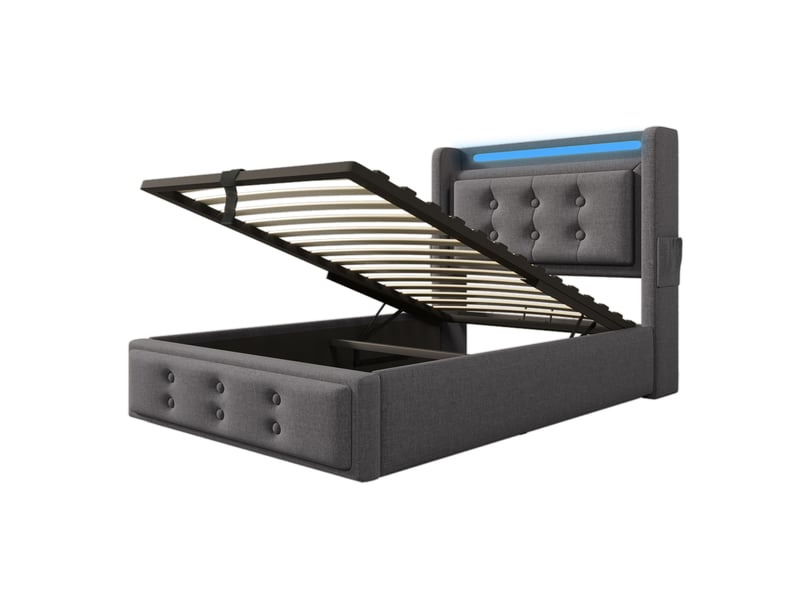  Lit rembourré, lit enfant 90x200 cm, rangement hydraulique, led, usb, sommier à lattes, charge 150 kg, lin gris, matelas inclus  - Conforama W