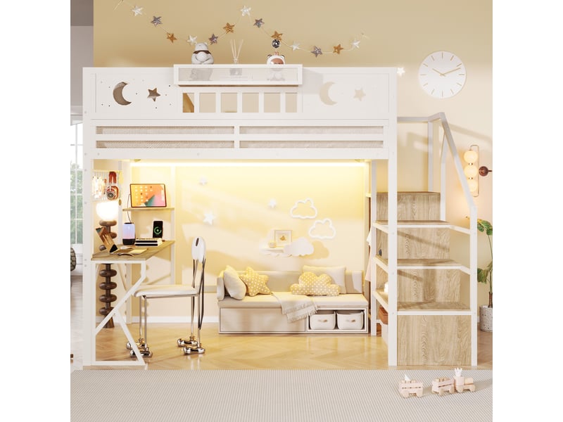  Lit mezzanine 140x200 cm en métal et mdf avec bureau, panneau perforé, étagères, led et port usb, pieds en k, blanc.  - Conforama B