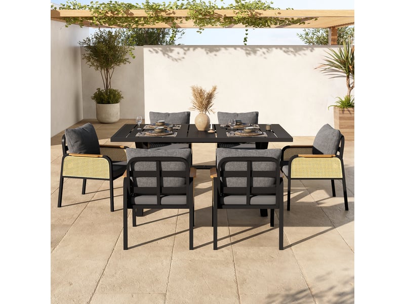  Salon de jardin à structure métallique et accoudoirs tressés, table et sièges avec coussins pour terrasse  - Conforama D